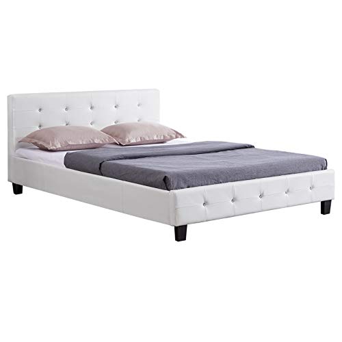 CARO-Möbel Gestoffeerd bed Kingston bedframe 140 x 200 cm tweepersoonsbed designbed met strass-steentjes inclusief lattenbodem imitatieleer in wit