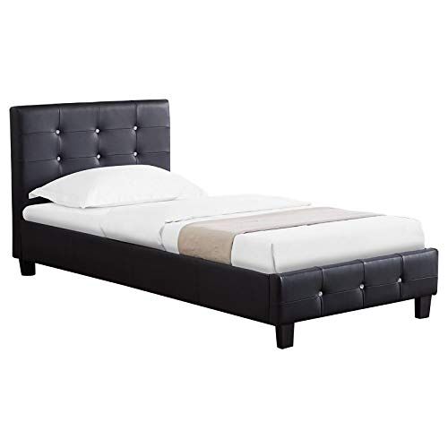 CARO-Möbel Glasgow Gestoffeerd bed, bedframe 90 x 200 cm eenpersoonsbed, designbed met strass-steentjes inclusief lattenbodem, imitatieleer in zwart
