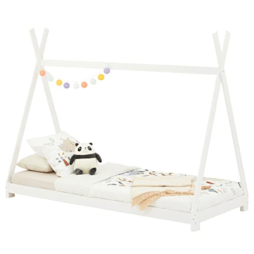 IDIMEX Tipi bed ELIN van massief grenen in 90 x 200, kinderhuisbed met dak, modern Indiaans speelbed voor kinderen, wit gelakt