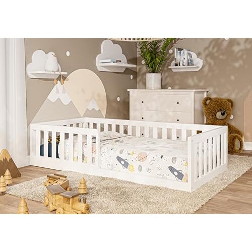 MS FACTORY Bodembed 160x80 cm Kinderbed met valbeveiliging van 40 cm hoogte Kinderbed met matras Peuterbed van hout Kinderbed met 5 cm poten