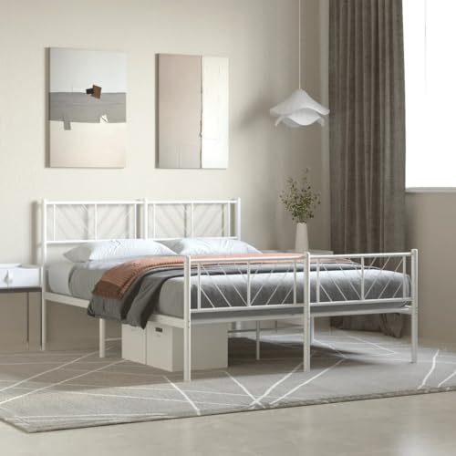 LAPOOH Metalen bedframe met hoofdeinde en voetenplank, wit, 140 x 200 cm, bedframe met hoofdeinde en bedframe (SPU:372247)