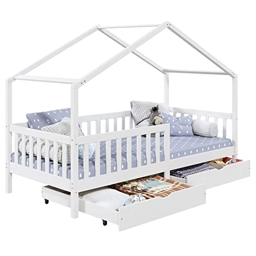 IDIMEX Huisbed ELEA van massief grenen, kinderbed met valbescherming 90x200cm, speelbed met dak in wit