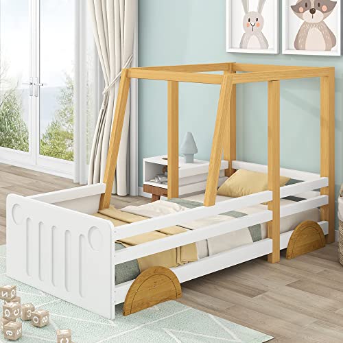 TOTITOM Bedframe, autobed, jeep-bed, kinderbed met MDF-wielen, frame van grenen, wit + natuur (90x200cm) 2024 nieuw (wit)