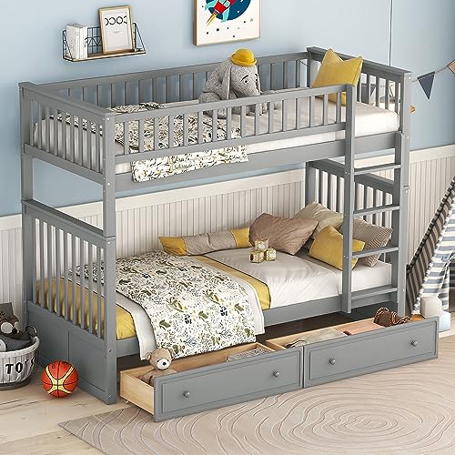 Huyuee Stapelbedden, kinderbedden, functionele bedden, stapelbed met laden, cabrio-bedden, grijs