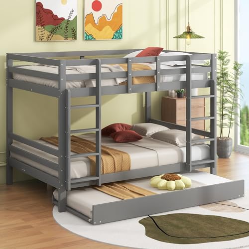 TOTITOM Bedframe, 140 x 200 cm stapelbedden, kinderbedden, stapelbedden met uittrekbed, hoge leuning, stabiele trap, grijs 2024 (grijs)