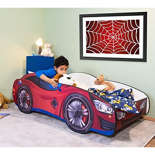 Alcube ® Spider Car Autobed, 80 x 160 cm, met lattenbodem en matras, MDF gecoat, speelbed, kinderbed, 160 x 80 cm, voor kleine spinnenman, rood