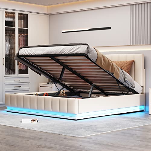 Huyuee Gestoffeerd led-bed met bedlade, wit/grijs, 160 x 200 cm