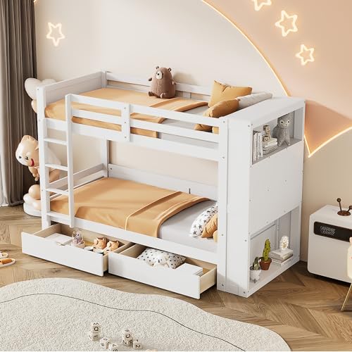 TOTITOM Bedframe, 90 x 200 cm stapelbed, kinderbed, zes opbergvakken, twee opbergvakken, wit 2024 (wit)