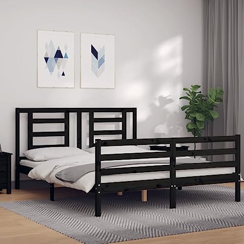 DCRAF Bedden en accessoires, bedframe en bedframe, bedframe met hoofdeinde zwart, 160x200 cm, massief hout