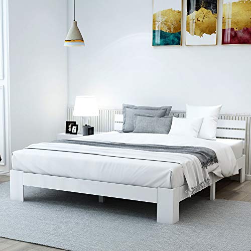 Merax Houten bed tweepersoonsbed   200 x 140 cm   massief hout   bedframe   lattenbodem   futonbed   grenen bed   wit