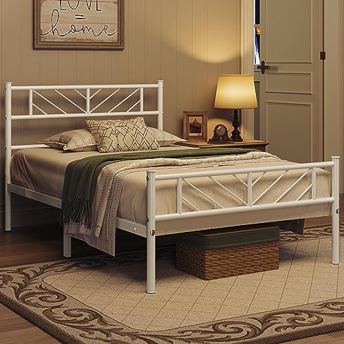 Yaheetech Bedframe, metaal, minimalistisch, met hoofdeinde, logeerbed, met lattenbodem, voor slaapkamer, logeerkamer, 32 cm hoog onder het bed, 90 x 190 cm, wit