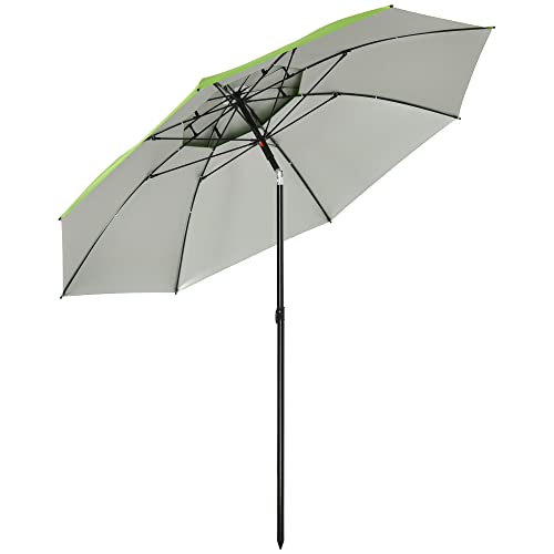 Outsunny parasol, diameter 185 cm, strandparasol met UV-bescherming, marktparasol met dubbel dak, 8 steunen, terrasparasol met tas voor tuin, balkon, staal, groen