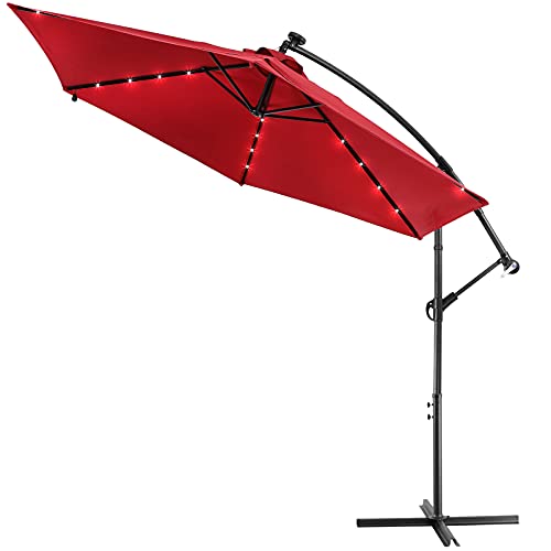 Kingsleeve ® Zweefparasol Met Parasolvoet Led-licht Windbescherming 300cm UV-bescherming Handslinger Kantelbaar Rood