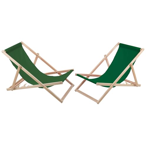 Woodok Set van 2 ligstoelen van beukenhout Strandstoel Ligstoel Tuinligstoel voor strand, tuin, balkon en terras Opvouwbaar tot 120 kg (Groen)