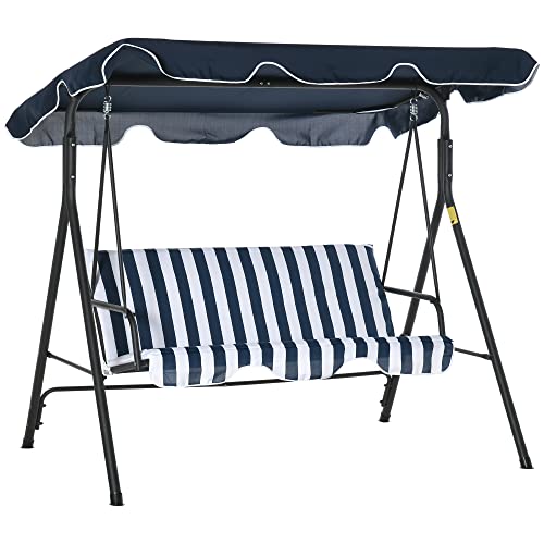 Outsunny hollywoodschommel tuinschommel 3-zits schommelbank met dak staal blauw + wit 172 x 110 x 153 cm