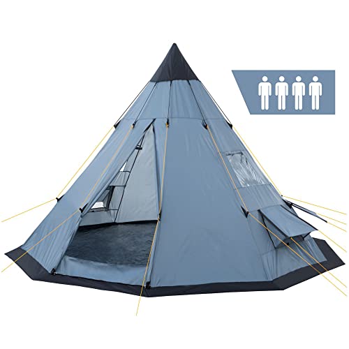 CampFeuer Tipi Spirit tent voor 4 personen, indianentent voor kamperen, wandelen, 3000 mm waterkolom, noktent, piramidetent, ronde tent, groepstent, campingtent, familietent, grijs