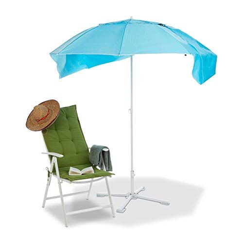 Relaxdays parasol strandtent, 2 in 1 zonnebescherming, met draagtas, HxØ 210 x 180 cm, strandparasol, stokparasol, blauw