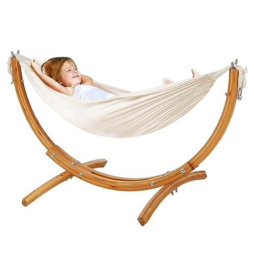 FUNLIO Houten hangmat met standaard voor kinderen van 3-5 jaar (hoogte < 120 cm), premium massief houten kinderhangmatstandaard, bredere en langere kinderhangmat met stabiele structuur, 100 kg