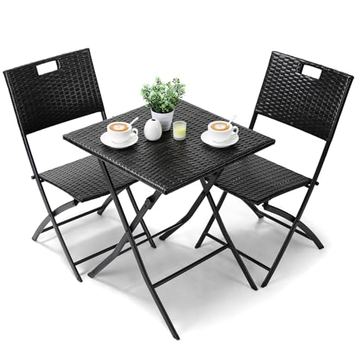 LIFERUN Balkonmeubelset, bistro, balkonmeubel, rotan set, bistro tuinmeubelset, 3-delig, inklapbare balkontafel met 2 stoelen, zwarte balkonset, balkonmeubels, inklapbaar, rotan zitgroep