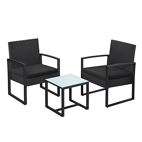 SONGMICS Balkonmeubilair, tuinset, gemaakt van PE polyrattan, loungeset, tafel en 2 stoelen, terrasmeubilair, eenvoudig te monteren, buiten, voor terras, balkon, tuin, zwart GGF010B05