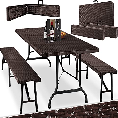 KESSER ® Biertentset 3-delige set, tafel + 2 x bank, voor binnen buiten, opvouwbaar, draaggrepen, HxBxD: 73x180x75 cm, kunststof, rotan-look tuinset, klaptafel, tuintafel, bruin