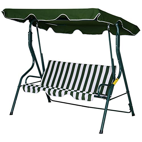 Outsunny Hollywoodschommel, 3-zits tuinschommel, schommelbank, verstelbaar zonnedak, metalen frame, groen 170 x 110 x 153 cm