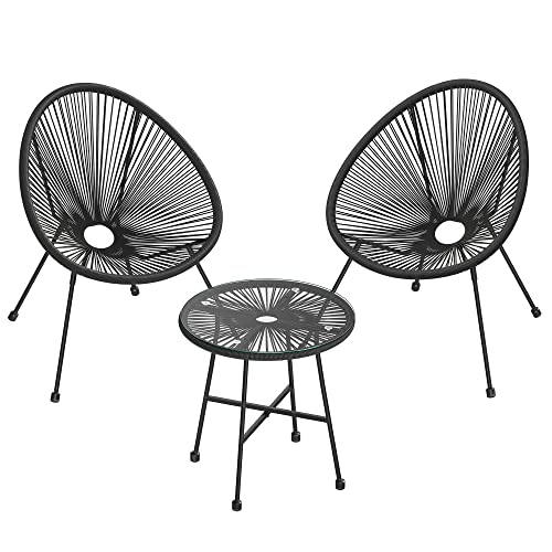 SONGMICS Balkonmeubilair, tuinmeubelset, set van 3, zitgroep, terrasmeubilair, glazen tafelblad, 2 stoelen, voor binnen en buiten, voor patio, tuin, balkon, buiten, zwart GGF013B02