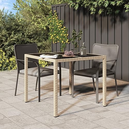 LAPOOH Tuintafel, 90 x 90 x 75 cm, gehard glas en polyrotan, beige, buitentafels, tuintafel, tuintafel, tuintafel (SPU:316703)