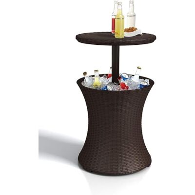 Keter Pacific Cool Bar, 3-in-1 cocktailtafel, salontafel en outdoor ijskoeler in rotanlook, uv-bestendig en weerbestendig, bruin, koelbox 30 liter volume Keter Pacific Cool Bar, 3-in-1 cocktailtafel, salontafel en outdoor ijskoeler in rotanlook, uv-bestendig en weerbestendig, bruin, koelbox 30 liter volume