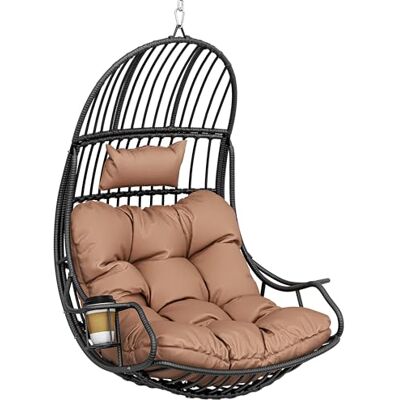 YITAHOME Hangende eierschommelstoel, max. belastbaar, 150 kg, rotan eierstoel, binnen en buiten, hangmat, eierstoel met kussens en bekerhouder voor terras, slaapkamer, tuin en balkon, bruin YITAHOME Hangende eierschommelstoel, max. belastbaar, 150 kg, rotan eierstoel, binnen en buiten, hangmat, eierstoel met kussens en bekerhouder voor terras, slaapkamer, tuin en balkon, bruin