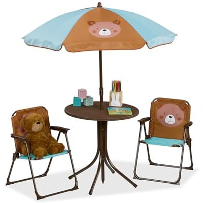 Relaxdays Camping kinderzitje, berenmotief, kinderzitje met parasol, bruin klapstoelen en tafel, tuin Relaxdays Camping kinderzitje, berenmotief, kinderzitje met parasol, bruin klapstoelen en tafel, tuin