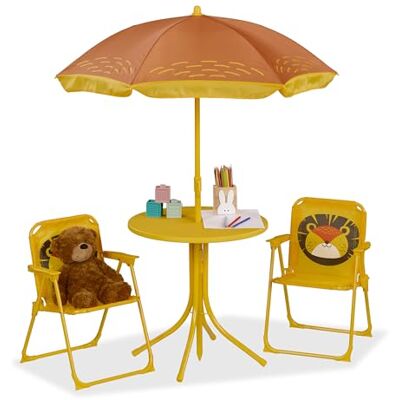 Relaxdays tuinset kinderen, met parasol, leeuw, 2 klapstoeltjes en tafel, strand, camping, tuin, kindertuinset, geel Relaxdays tuinset kinderen, met parasol, leeuw, 2 klapstoeltjes en tafel, strand, camping, tuin, kindertuinset, geel