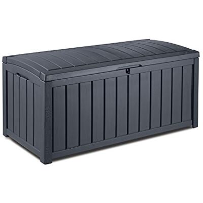 Keter Glenwood Kussenbox, 390 liter volume, waterdicht, grafiet, houtlook, zitbank voor 2 volwassenen, 128 x 65 x 61 cm, tuinbox Keter Glenwood Kussenbox, 390 liter volume, waterdicht, grafiet, houtlook, zitbank voor 2 volwassenen, 128 x 65 x 61 cm, tuinbox