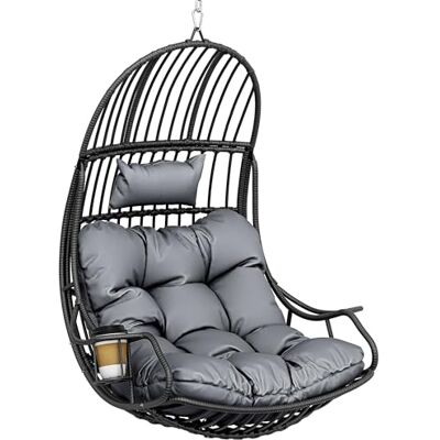 YITAHOME Hangende eierschommelstoel, max. belastbaar, 150 kg, rotan eierstoel, binnen en buiten, hangmat, eierstoel met kussens en bekerhouder voor terras, slaapkamer, tuin en balkon, grijs YITAHOME Hangende eierschommelstoel, max. belastbaar, 150 kg, rotan eierstoel, binnen en buiten, hangmat, eierstoel met kussens en bekerhouder voor terras, slaapkamer, tuin en balkon, grijs