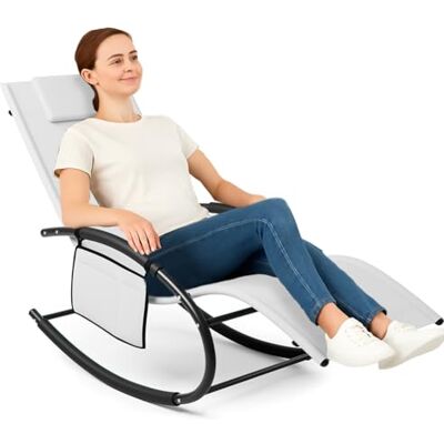 BAKAJI Schommelstoel voor de tuin, zware Zero met bekleding van textileen met hoofdsteun, stoel voor buiten- en binnenruimtes, balkon, terras, wit BAKAJI Schommelstoel voor de tuin, zware Zero met bekleding van textileen met hoofdsteun, stoel voor buiten- en binnenruimtes, balkon, terras, wit