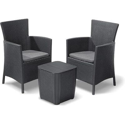 Keter Allibert by balkonmeubelset Iowa, grafiet/cool grey, 3-delig, incl. zitkussen, kunststof, platte rotanlook, weerbestendig, uv-bestendig Keter Allibert by balkonmeubelset Iowa, grafiet/cool grey, 3-delig, incl. zitkussen, kunststof, platte rotanlook, weerbestendig, uv-bestendig
