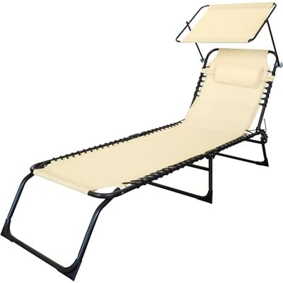 GARDENIA Zonnestoel, inklapbaar, met zonnedak en kussen, stalen frame van textiel, 190 x 58 cm, voor tuin, terras, zwembad of strand, blauw/grijs/ecru GARDENIA Zonnestoel, inklapbaar, met zonnedak en kussen, stalen frame van textiel, 190 x 58 cm, voor tuin, terras, zwembad of strand, blauw/grijs/ecru