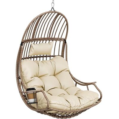 YITAHOME Hangende eierschommelstoel, max. belastbaar, 150 kg, rotan eierstoel, binnen en buiten, hangmat, eierstoel met kussens en bekerhouder voor terras, slaapkamer, tuin en balkon, beige YITAHOME Hangende eierschommelstoel, max. belastbaar, 150 kg, rotan eierstoel, binnen en buiten, hangmat, eierstoel met kussens en bekerhouder voor terras, slaapkamer, tuin en balkon, beige