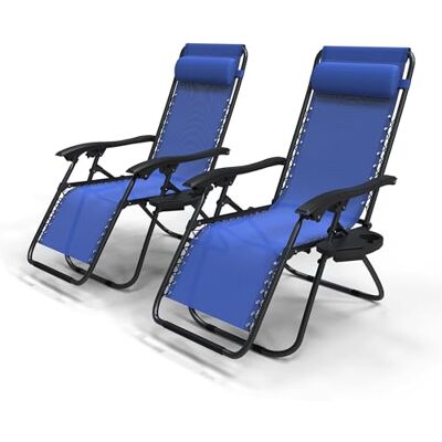 VOUNOT Set van 2 ligstoelen met afneembare bekerhouder, tuinstoel, opvouwbaar, van textiel, ligstoel met afneembare hoofdbekleding, maximale belasting 120 kg, blauw VOUNOT Set van 2 ligstoelen met afneembare bekerhouder, tuinstoel, opvouwbaar, van textiel, ligstoel met afneembare hoofdbekleding, maximale belasting 120 kg, blauw