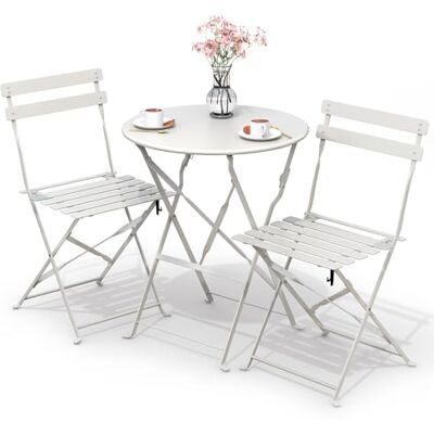 VOUNOT ® Bistroset voor buiten, 3-delig, met tafel en 2 klapstoelen van staal, voor balkon, terras en tuin, wit VOUNOT ® Bistroset voor buiten, 3-delig, met tafel en 2 klapstoelen van staal, voor balkon, terras en tuin, wit