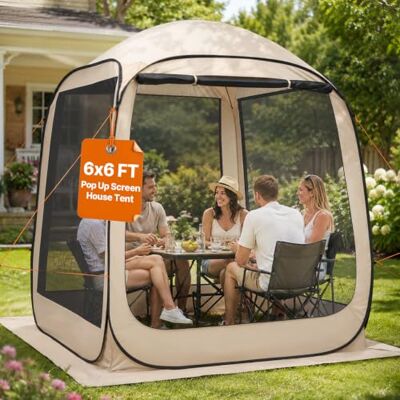 VEVOR Campingtent, 182,88 x 182,88 x 219,4 cm, partytent voor 4-6 personen, pop-up tent met draagtas, netzijwanden en haringen, voor tuin, terras en outdooractiviteiten, beige VEVOR Campingtent, 182,88 x 182,88 x 219,4 cm, partytent voor 4-6 personen, pop-up tent met draagtas, netzijwanden en haringen, voor tuin, terras en outdooractiviteiten, beige