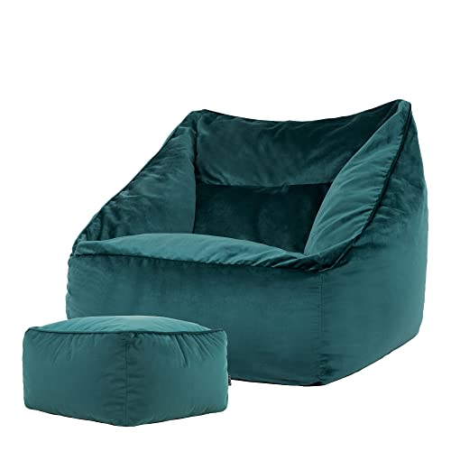 icon “Natalia” Fluwelen Zitzakfauteuil en Hocker, Teal Groen, XXL Zitzakstoel, Zitzak Volwassenen met Vulling, Woonkamerzitzakken