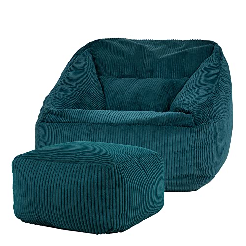 icon “Morgan” Corduroy Zitzakfauteuil en Hocker, Teal Groen, XXL Zitzakstoel, Zitzak Volwassenen met Vulling, Woonkamerzitzakken