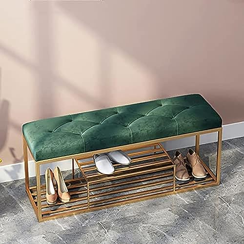 LAMEDOAT Luxe entreebank schoenenrekbank, zacht fluweel gestoffeerde zitbank schoenenopslagbank, moderne toegangsschoenenbank, groen, 100x30x45cm