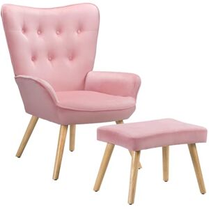 BAKAJI Fauteuil met kruk, stoel met poef, voetensteun voor woonkamer, gevoerde slaapkamerstoel met zachte fluwelen bekleding, hoge armleuningen, modern design (roze) BAKAJI Fauteuil met kruk, stoel met poef, voetensteun voor woonkamer, gevoerde slaapkamerstoel met zachte fluwelen bekleding, hoge armleuningen, modern design (roze)
