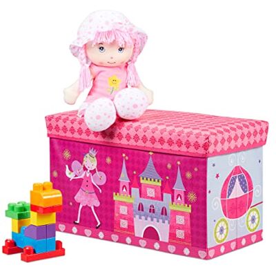 Relaxdays speelgoedkist, opvouwbare poef, princes en fee, hocker met opbergruimte, voor meisjes, ruimtebesparend, roze Relaxdays speelgoedkist, opvouwbare poef, princes en fee, hocker met opbergruimte, voor meisjes, ruimtebesparend, roze