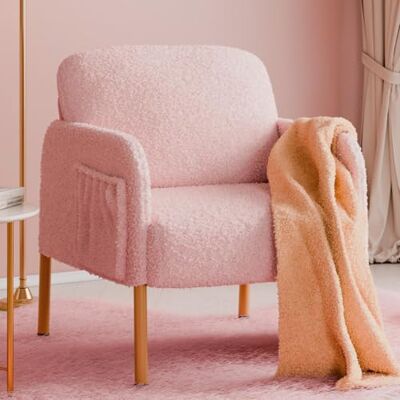 Mondeer Fauteuil, Accentstoel met opbergtas en metalen poten, zachte imitatie lamswollen stof voor woonkamer, slaapkamer, leesreceptie, lounge, 63 x 75 x 75 cm, roze Mondeer Fauteuil, Accentstoel met opbergtas en metalen poten, zachte imitatie lamswollen stof voor woonkamer, slaapkamer, leesreceptie, lounge, 63 x 75 x 75 cm, roze