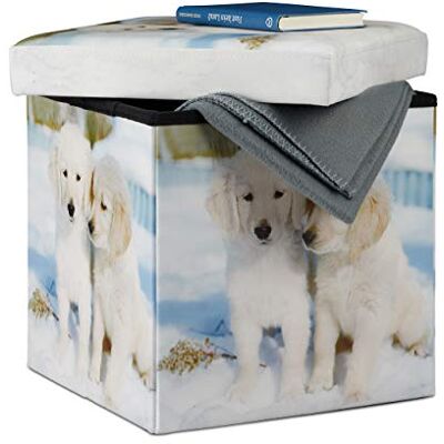 Relaxdays poef met opbergruimte, opbergbox met hondenmotief, kleurrijk opvouwbare kubuspoef HBD: 38 x 38 x 38 cm Relaxdays poef met opbergruimte, opbergbox met hondenmotief, kleurrijk opvouwbare kubuspoef HBD: 38 x 38 x 38 cm