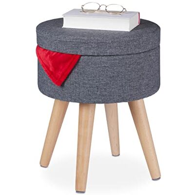 Relaxdays poef met opbergruimte, met tafelblad, gepolsterde deksel, HxØ: 45,5 x 37 cm, stof, houten poten, grijs/naturel Relaxdays poef met opbergruimte, met tafelblad, gepolsterde deksel, HxØ: 45,5 x 37 cm, stof, houten poten, grijs/naturel