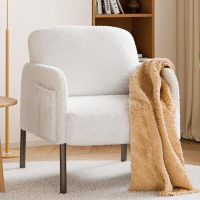 Mondeer Fauteuil, accentstoel met opbergtas en metalen poten, zachte imitatie lamswollen stof voor woonkamer, slaapkamer, leesreceptie, lounge, 63 x 75 x 75 cm, wit Mondeer Fauteuil, accentstoel met opbergtas en metalen poten, zachte imitatie lamswollen stof voor woonkamer, slaapkamer, leesreceptie, lounge, 63 x 75 x 75 cm, wit